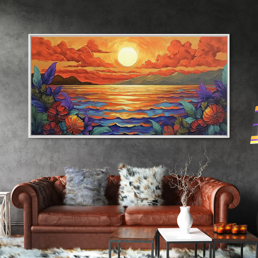 Flowers Sunset, Ocean View, Coastal Bloom, Framed Canvas Print, Vibrant Nature Art, Kitchen Wall Decor, Beach Garden Scene, Bold Colors