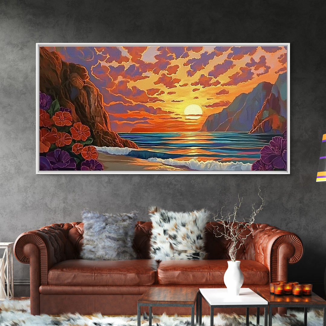 Beach Cliffs, Sunset, Vibrant Sky, Framed Canvas Print, Boho Coastal Art, Bedroom Wall Decor, Ocean View Painting, Tropical Landscape