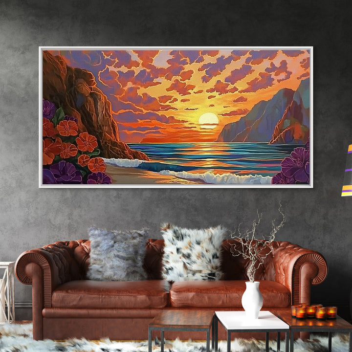 Beach Cliffs, Sunset, Vibrant Sky, Framed Canvas Print, Boho Coastal Art, Bedroom Wall Decor, Ocean View Painting, Tropical Landscape