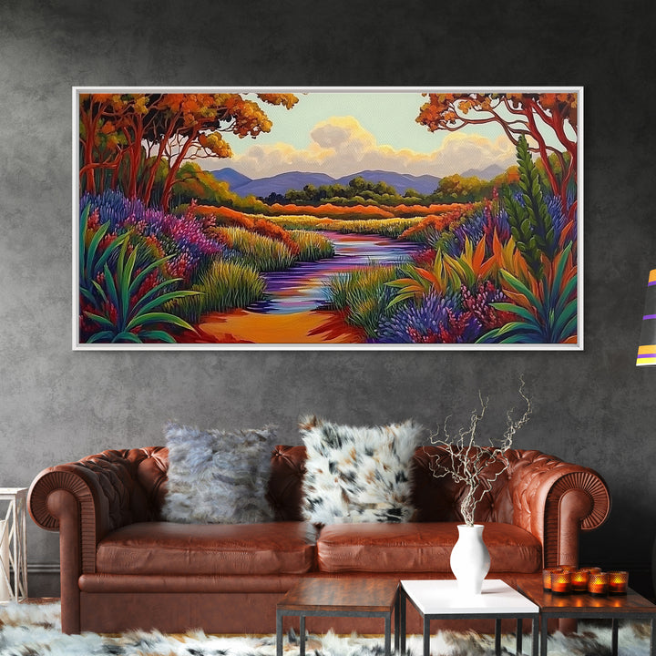 River Wildflowers, Autumn Trees, Mountain View, Framed Canvas Print, Fall Nature Art, Kitchen Wall Decor, Boho Landscape Painting