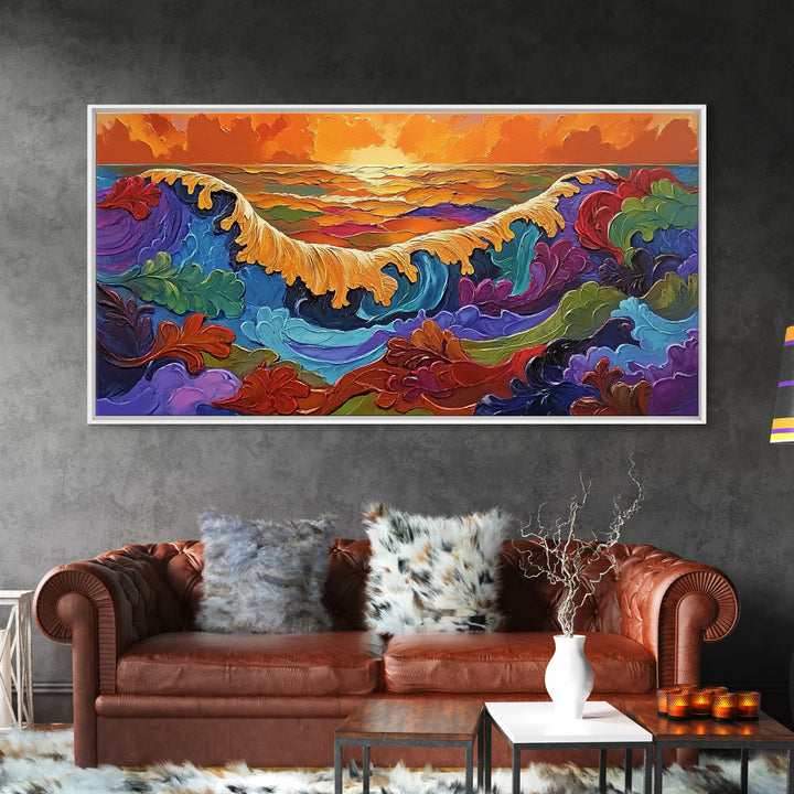 Ocean Abstract, Waves, Sunset, Framed Canvas Print, Surreal Coastal Art, Living Room Wall Decor, Fantasy Seascape, Boho Expressionist
