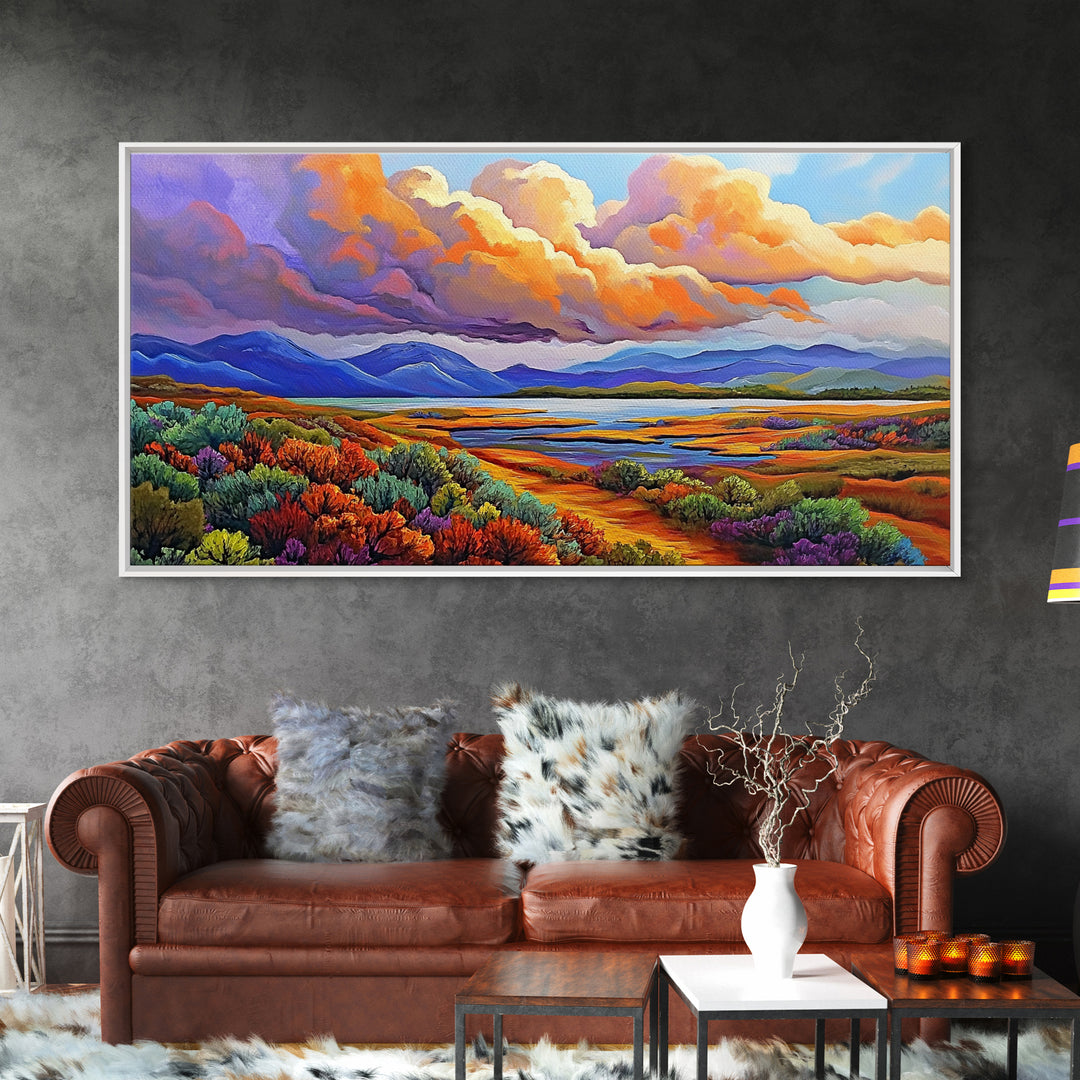Autumn Mountains, Path, Landscape, Framed Canvas Print, serene autumn mountain scene with vibrant clouds, colorful field trail art
