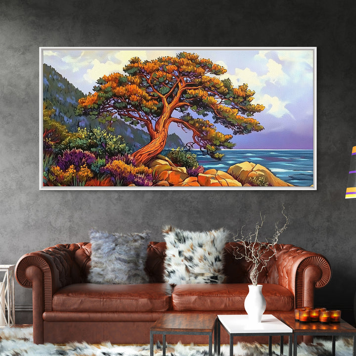 Coastal Tree, Sunset, Ocean, Vibrant tree coastal scene, Canvas Print, Fall Decor, Nature Art, Living Room Wall Art, Earthy Tones