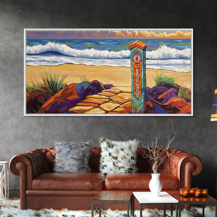 Beach Path, Waves, Nature, Ocean path with pillar, Framed Canvas Print, Coastal Decor, Vibrant Wall Art, Bathroom or Hallway Art