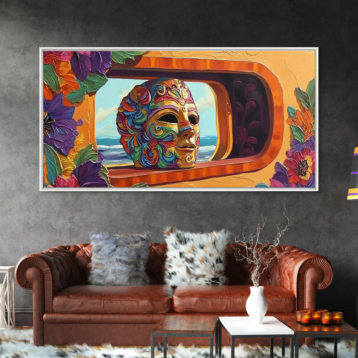 Mask, Window, Flowers, Coastal, Vibrant mask ocean view, Framed Canvas Print, Fiesta Art, Colorful Mexican Decor, Dining Room Wall Art