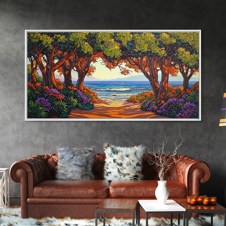 Beach Trees, Tunnel, Ocean, Sunset beach tunnel view, Framed Canvas Print, Coastal Boho Decor, Romantic Seaside Wall Art