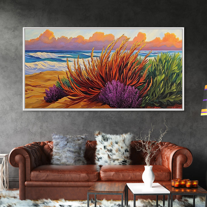 Beach, Sunset, Grasses, Coastal, Canvas Print, Tropical coastal wall art, desert beach boho art, modern bathroom art, hallway decor