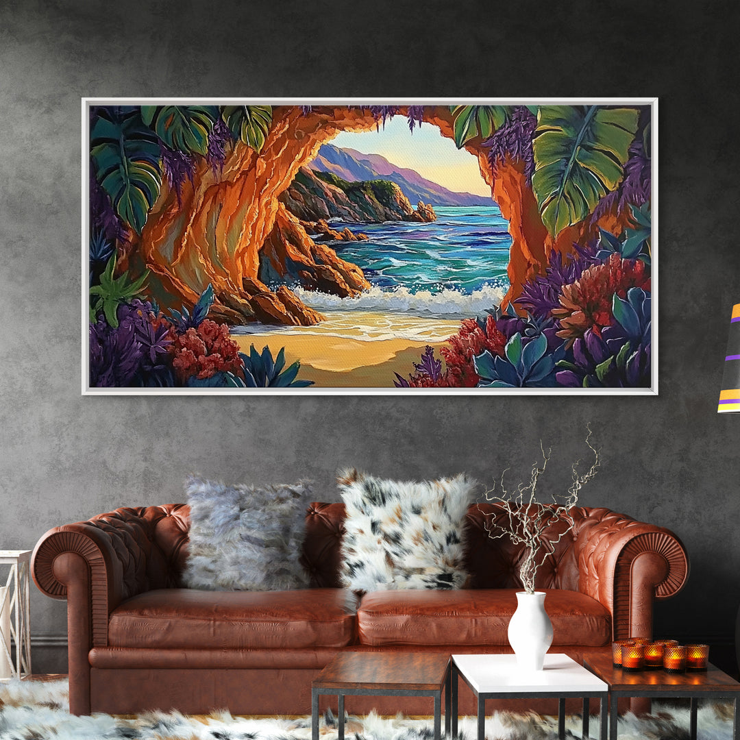 Cave, Beach, Jungle, Ocean, Canvas Print, Coastal jungle scene, tropical beach view, living room or entryway boho wall decor