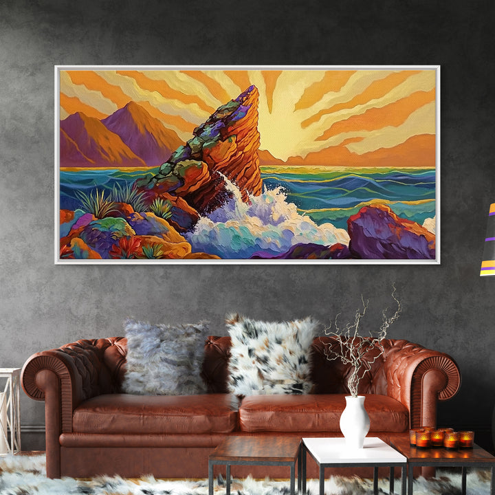 Sunrise, Waves, Rocks, Ocean, Canvas Print, Sunrise coastal print, ocean splash wall art, spiritual sunburst decor, beach home accent