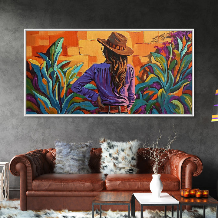Cowgirl Desert, Vibes, Art, Framed Canvas Print, Western woman cactus wall art, rustic country home decor, southwestern living room