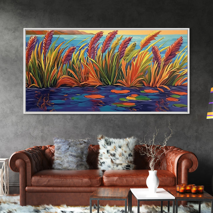 Autumn Lakeside, Grasses, Art, Framed Canvas Print, Fall coastal reed painting, rustic harvest decor, nature print, living room wall
