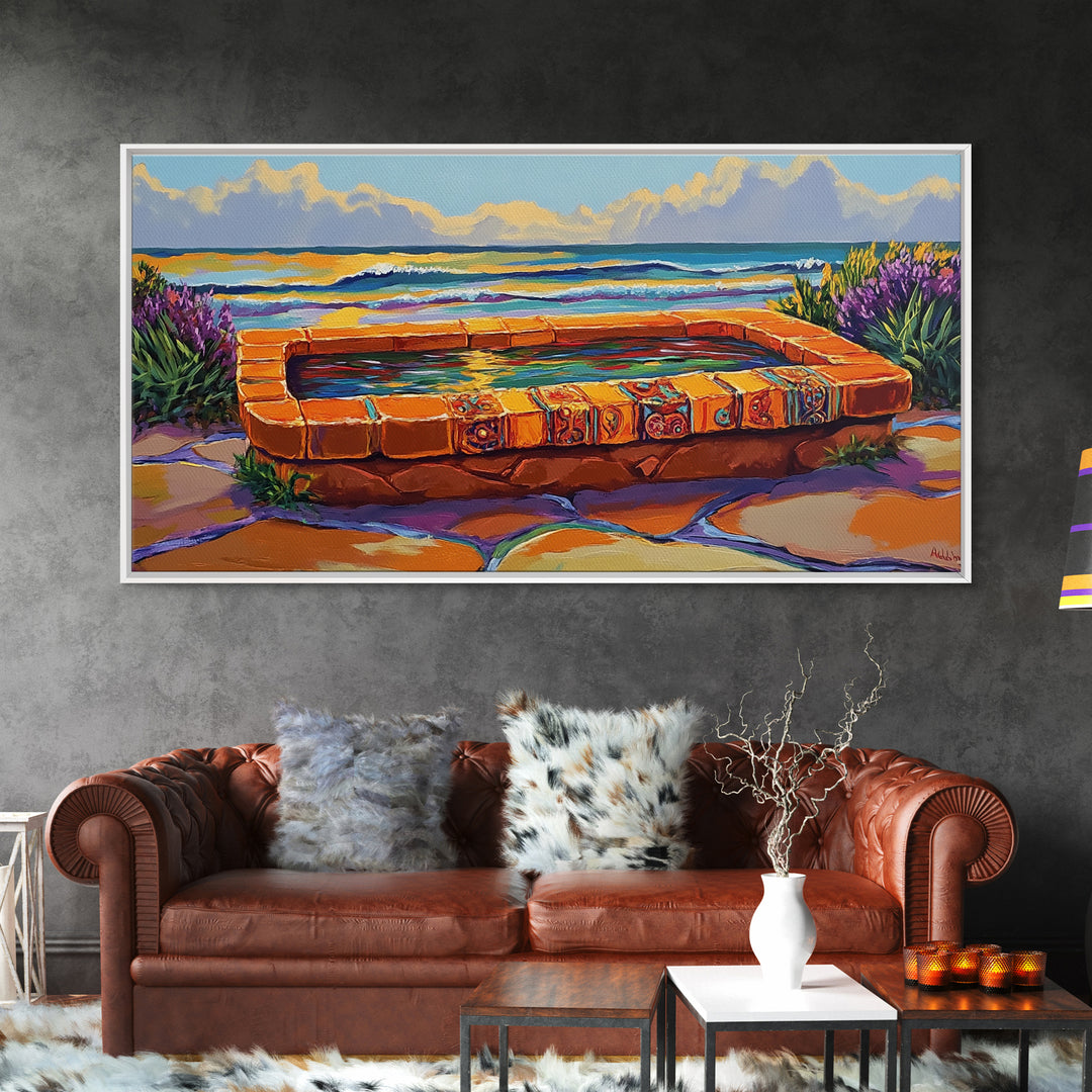Ocean Terrace, Bath, Scene, Framed Canvas Print Mexican tile spa ocean view, tropical coastal wall art, vibrant bathroom or garden print