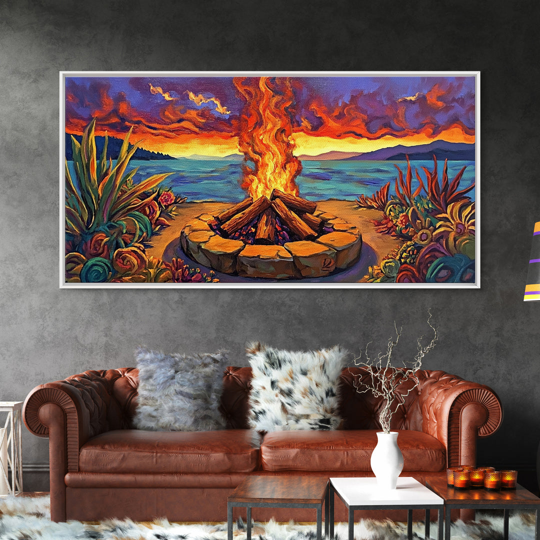Campfire Desert, Sunset, Fiery Skies, bold landscape Canvas Print, autumn outdoor art, cozy rustic living room wall décor