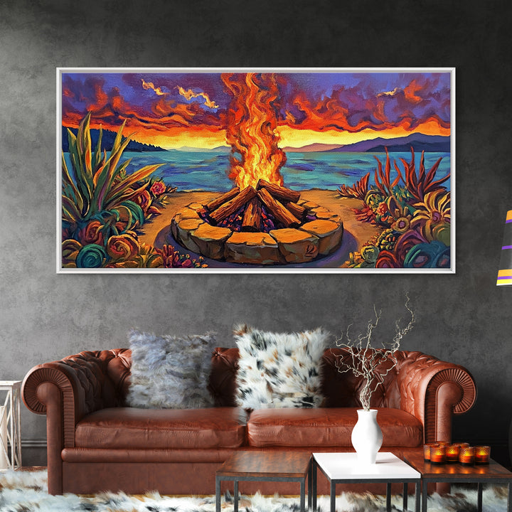 Campfire Desert, Sunset, Fiery Skies, bold landscape Canvas Print, autumn outdoor art, cozy rustic living room wall décor