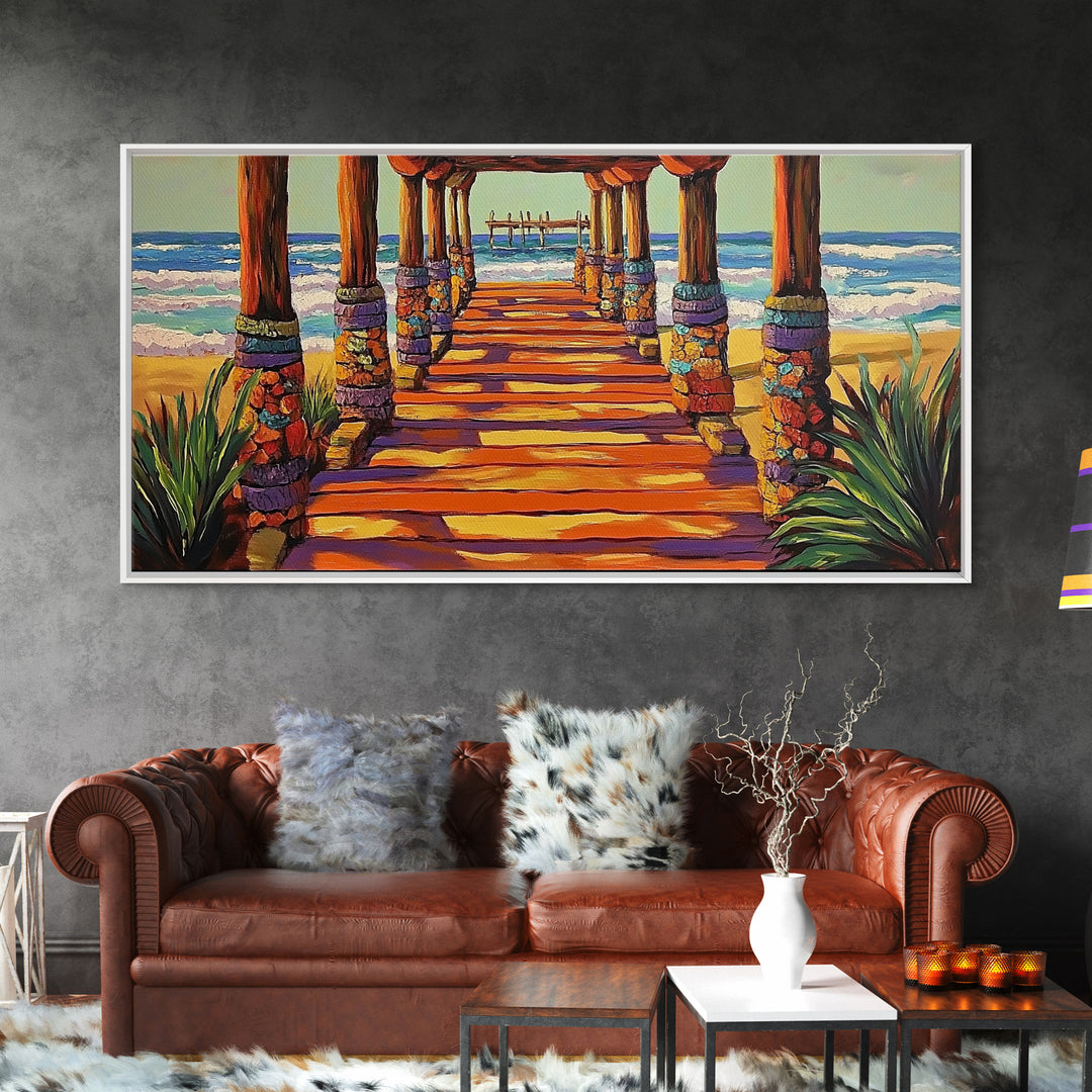 Pier Beach, Sunset, Vibrant, Canvas Print tropical coastal wall art, beach hallway decor, ocean waves painting, summer home artwork