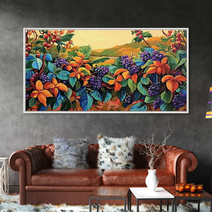 Grapes Harvest, Vineyard, Autumn, Framed Canvas Print vibrant fall kitchen wall art, farmhouse harvest decor, vineyard fruit painting