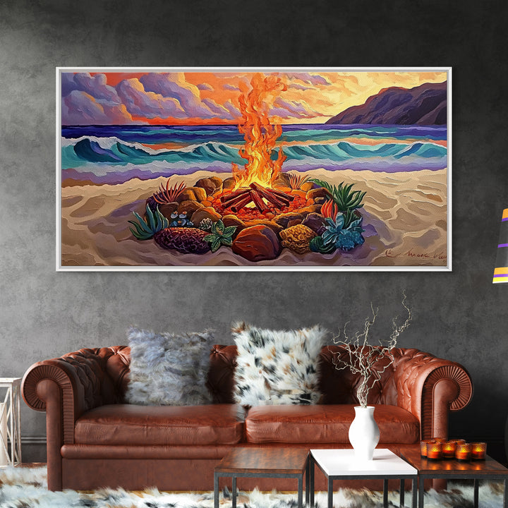 Beach Campfire, Sunset, Tropical Vibes, island evening Canvas Print, fall boho decor, colorful beach firepit living room wall art