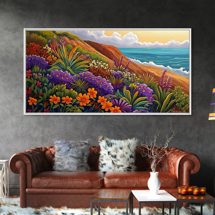Coastal Floral, Landscape Painting, Canvas Print, vibrant beach flowers, ocean view wall decor, boho style Living Room Wall Art