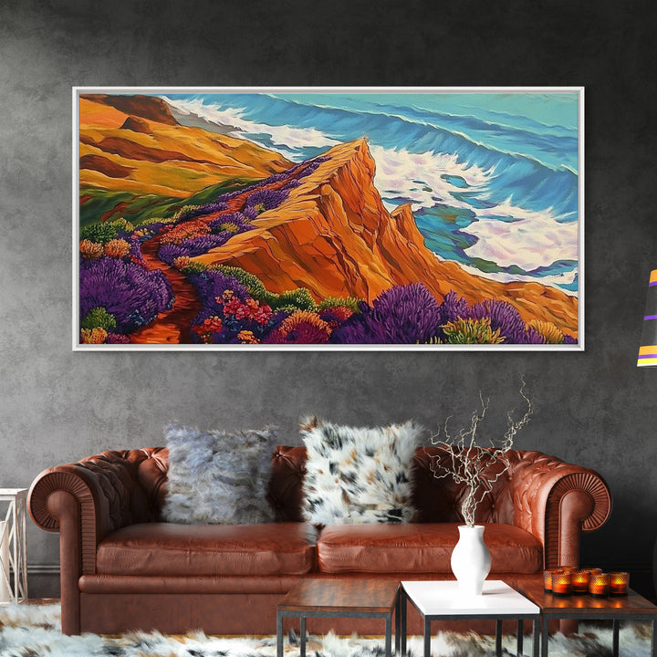 Cliff Flowers, Ocean Horizon, Framed Canvas Print, bold floral bluff, coastline scene, vibrant scenic Kitchen Wall Art, boho decor