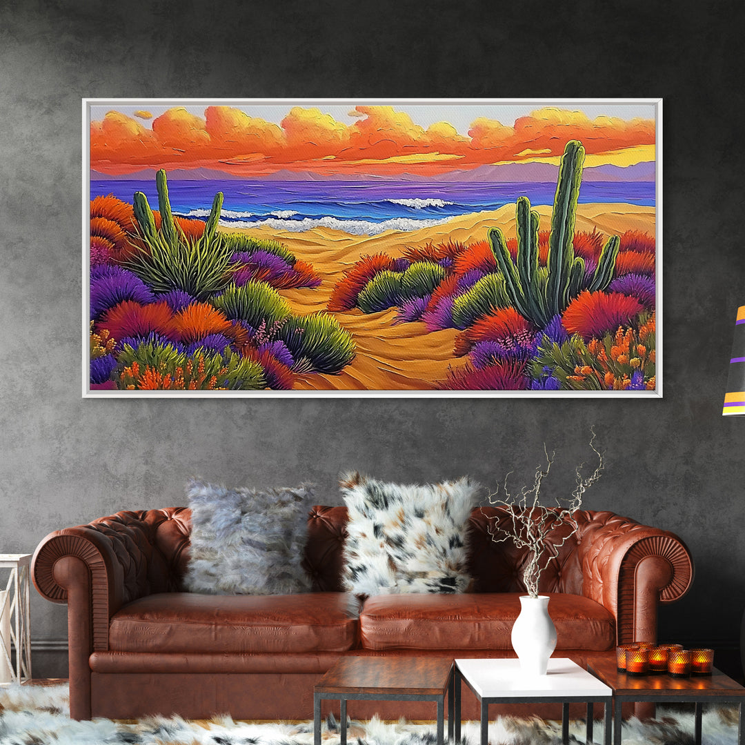 Cactus Sunset, Desert Painting, Framed Canvas Print, vibrant desert coastline, colorful flora, boho ar,t Southwest Style Entryway