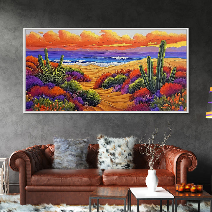 Cactus Sunset, Desert Painting, Framed Canvas Print, vibrant desert coastline, colorful flora, boho ar,t Southwest Style Entryway