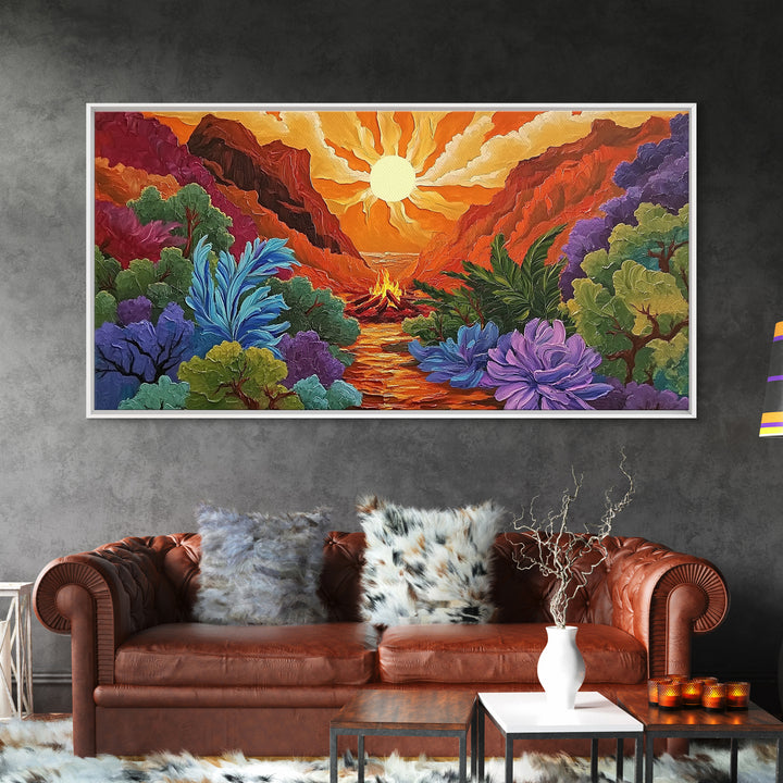 Campfire Valley, Sunset, Vivid Sky, bright forest Canvas Print, fall nature decor, bold boho fire painting, cozy cabin wall art