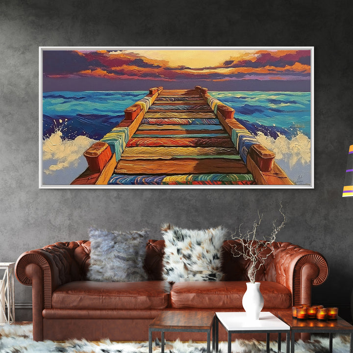 Ocean Pier, Sunset Seascape, Beach House Art, Rustic Dock, Nautical Wall Art, Colorful Painting, Coastal Landscape, Canvas Print