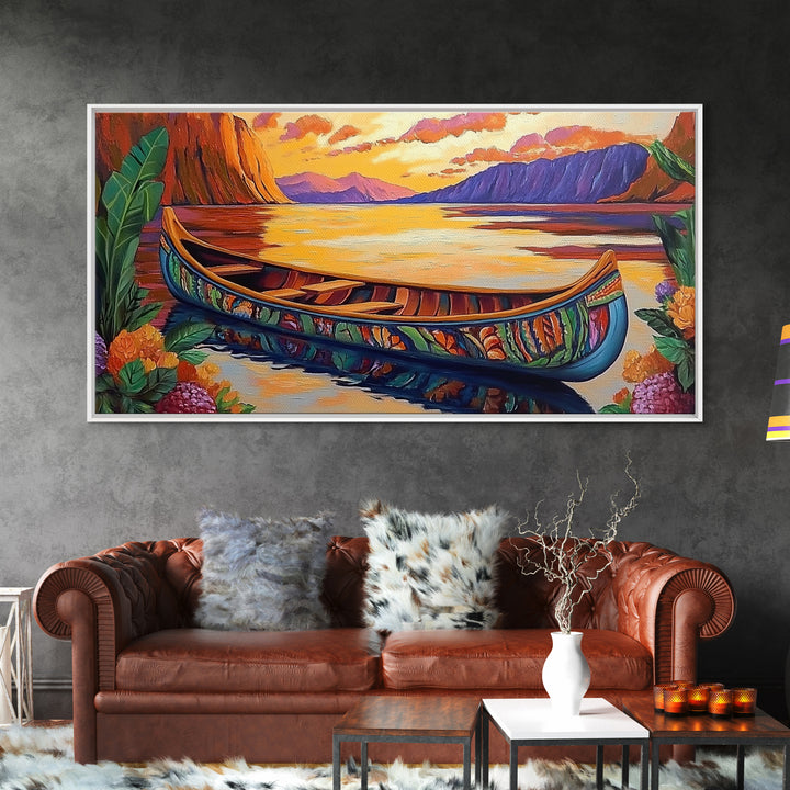 Canoe Tropical, Sunset Reflections, Serene Waters, exotic island Framed Canvas Print, tranquil boho decor, lakehouse wall art