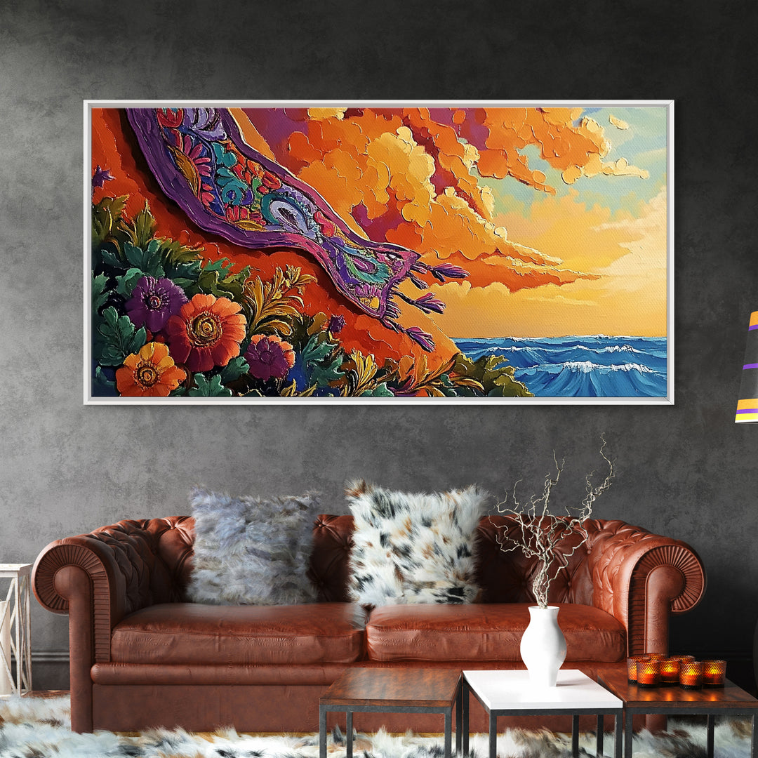 Sunset Coast, Rug, Framed Canvas Print, Sunset Beach Art, Magic Carpet Illustration, Vibrant Coastal Decor, Dreamy Bedroom Art
