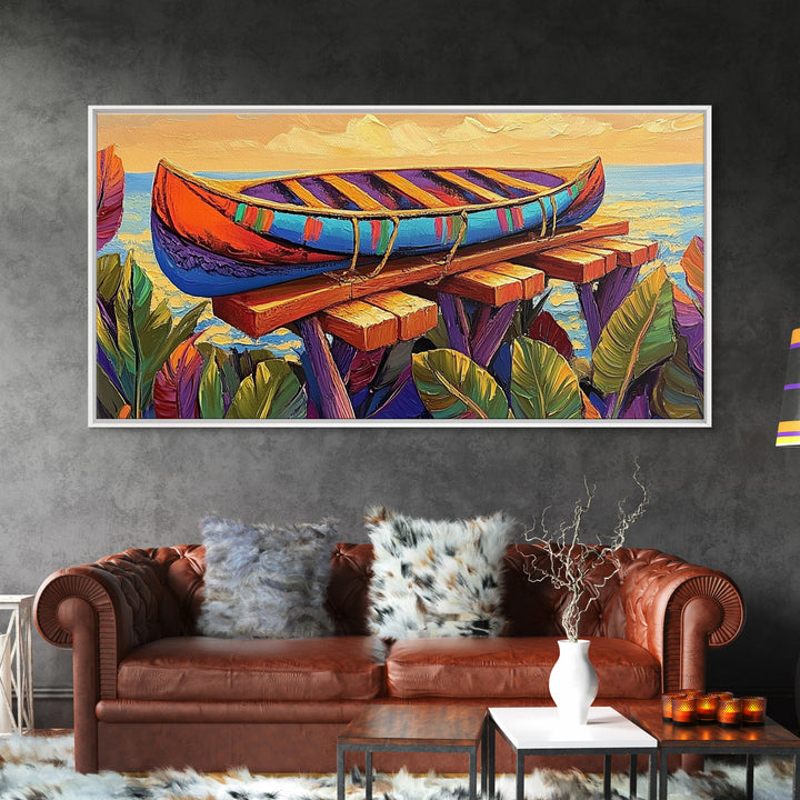 Canoe Dock, Ocean, Bold Palette, vibrant tropical Canvas Print, nautical boho art, playful beach house wall decor, summer vibes