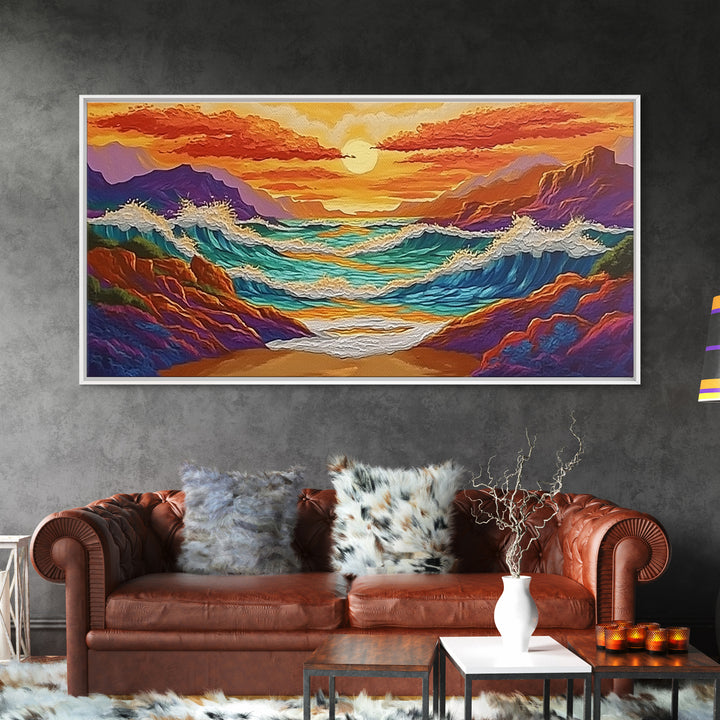 Coastal Sunset, Crashing, Waves, Canvas Print bold seascape painting Living Room Wall Art tropical ocean wall decor beach house style