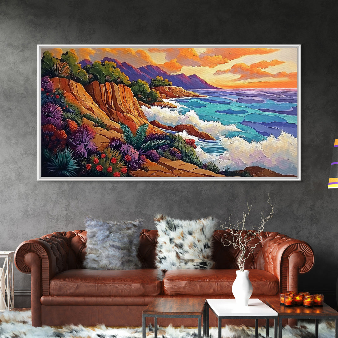Ocean Cliffside, Sunset, View, Framed Canvas Print vibrant coastal nature artwork Living Room Wall Art beach house boho wall decor