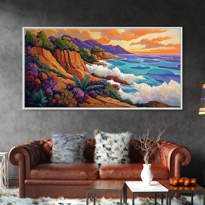 Ocean Cliffside, Sunset, View, Framed Canvas Print vibrant coastal nature artwork Living Room Wall Art beach house boho wall decor