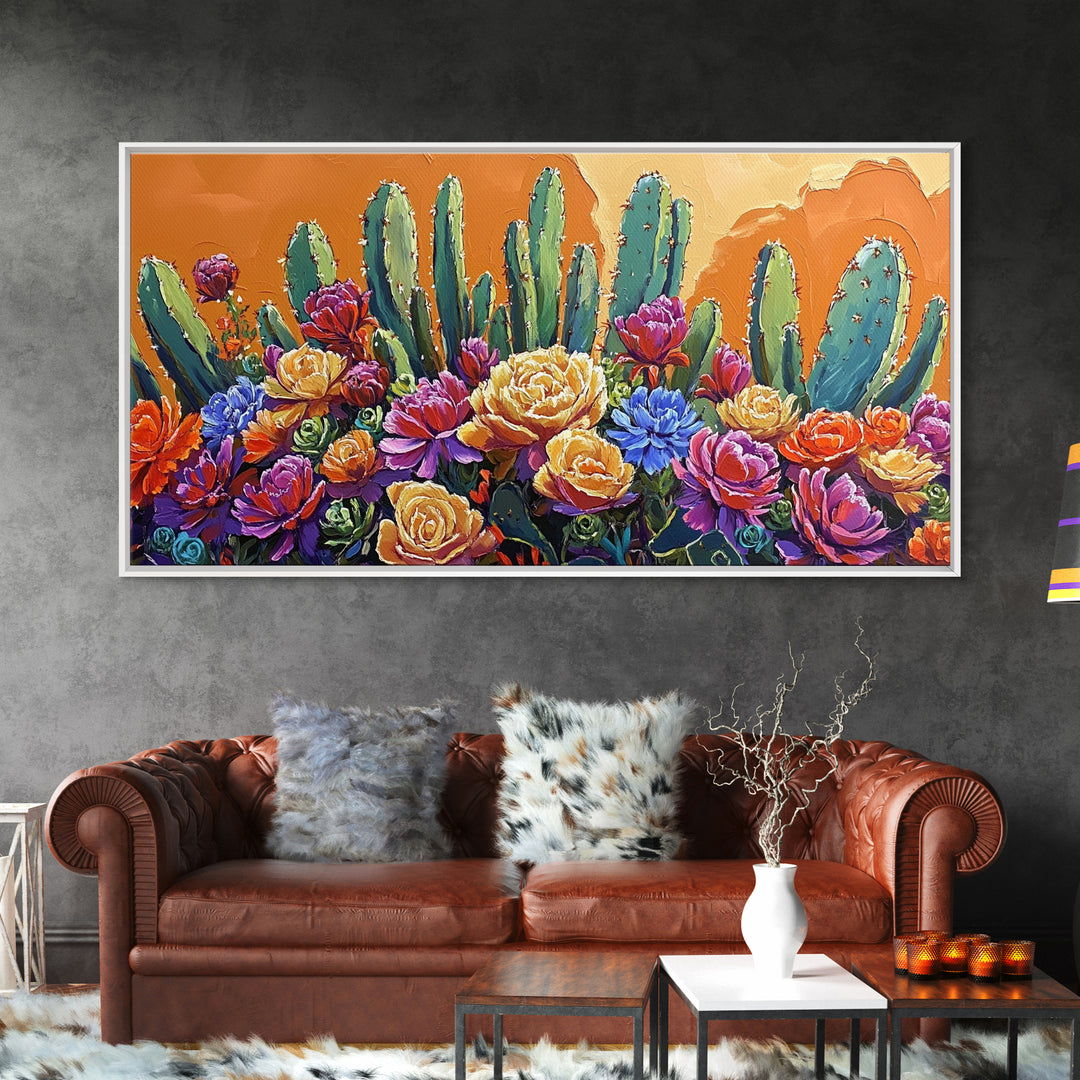 Cactus Flower, Bloom, Garden, Framed Canvas Print desert botanical artwork Kitchen Wall Art boho floral art vibrant home accent