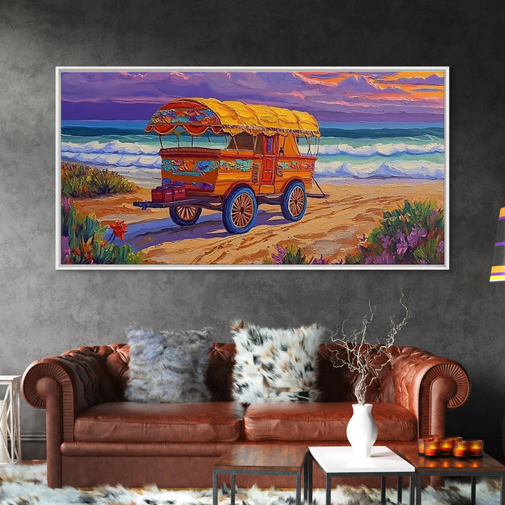 Beach Wagon, Sunset, Nostalgia, Canvas Print vintage coastal travel art Living Room Wall Art boho beach scene summer home vibe