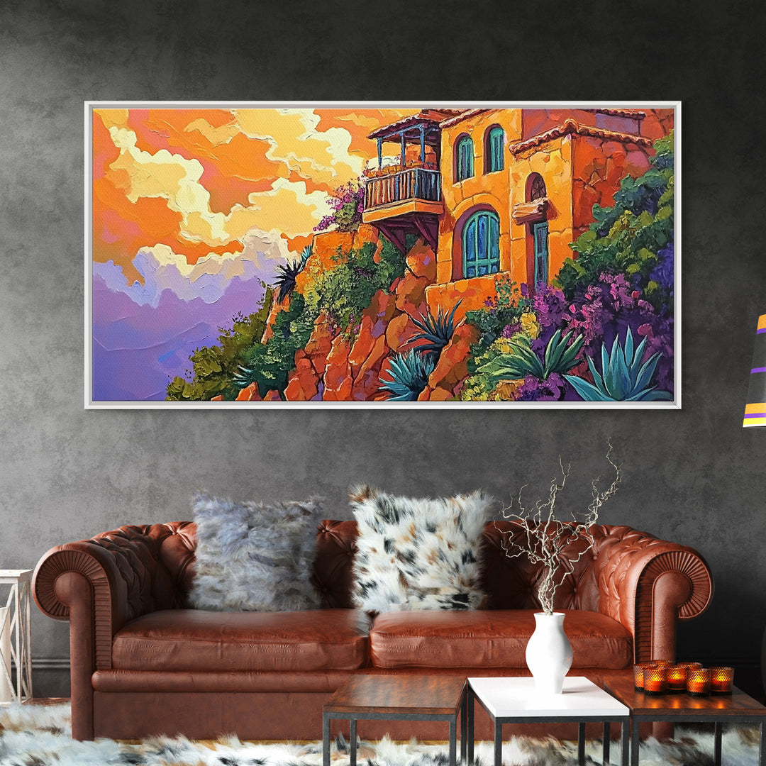 Cliffside House, Sunset, View, Desert boho mountain house, colorful Canvas Print, living room wall art, dramatic sky landscape painting