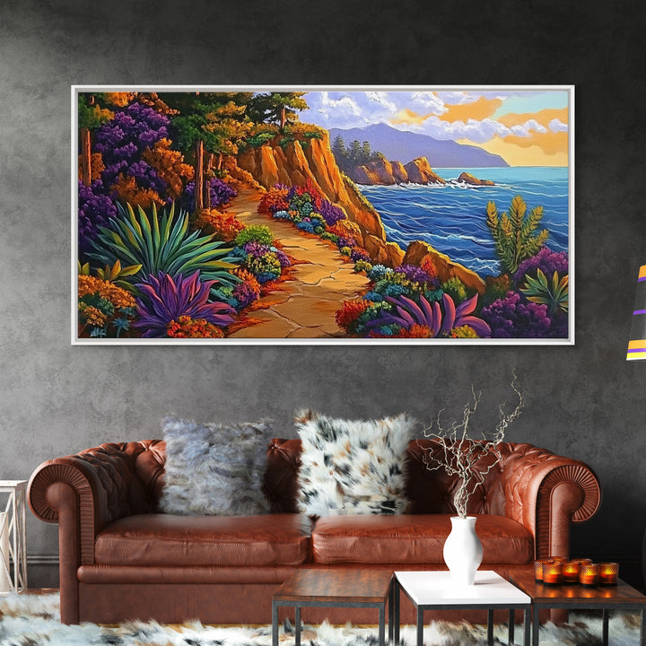 Pathway Ocean, Flowers, Escape, Coastal trail wall art, vibrant Canvas Print, bedroom nature painting, colorful California coast style