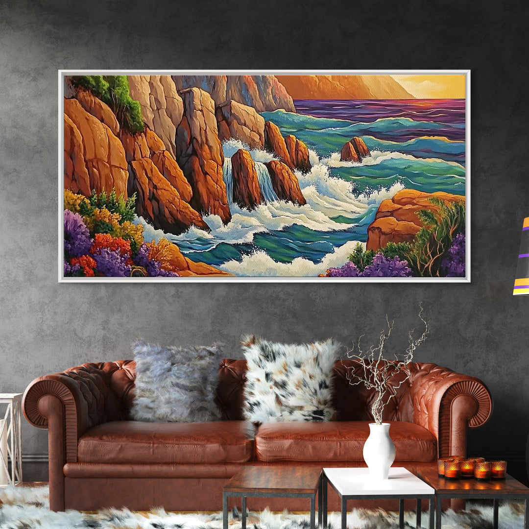 Rocks Waves, Sea, Energy, Dramatic cliff seascape Canvas Print, living room wall art, bold ocean decor, coastal energy painting