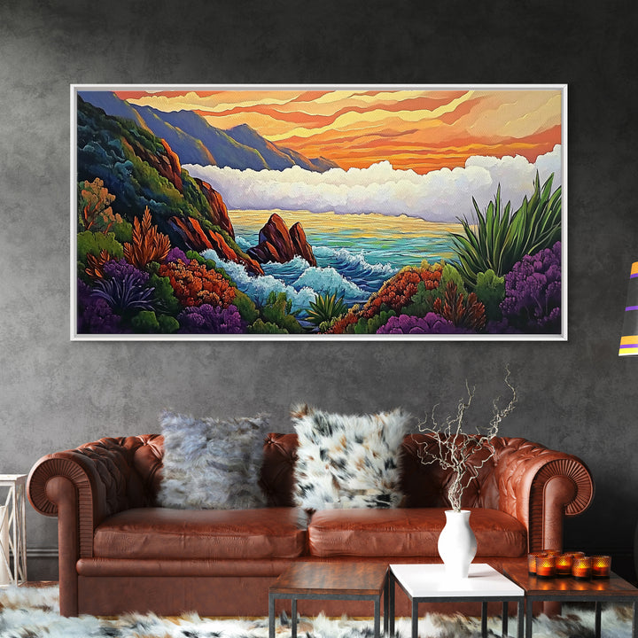 Ocean Sunset, Hills, Tropical, Serene beach Canvas Print, tropical landscape wall art, calming sunset painting, living room boho decor