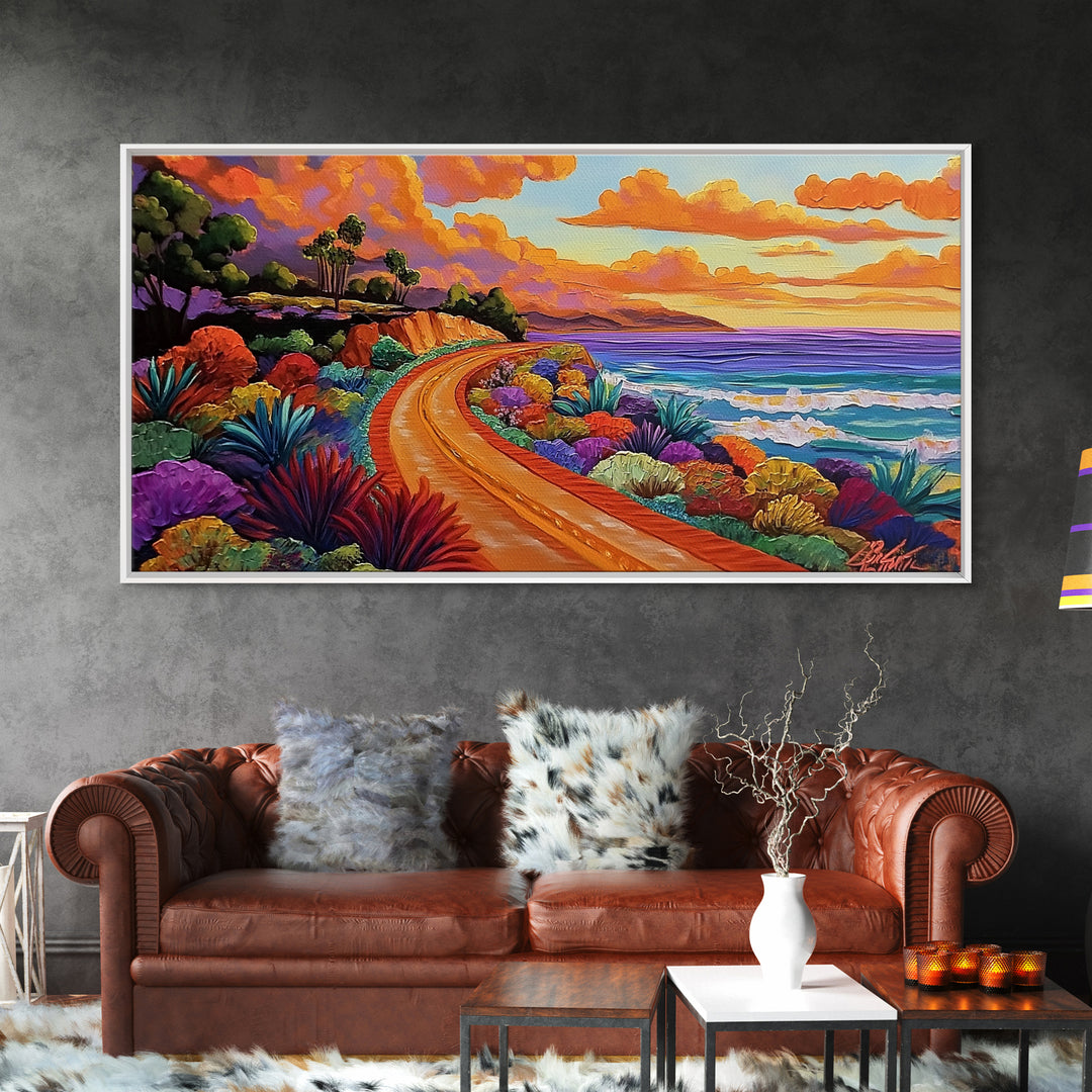 Coastal Train, Sunset, Framed Canvas Print, Vibrant coastal sunset railway painting, Colorful beachscape boho art, Hallway Wall Art