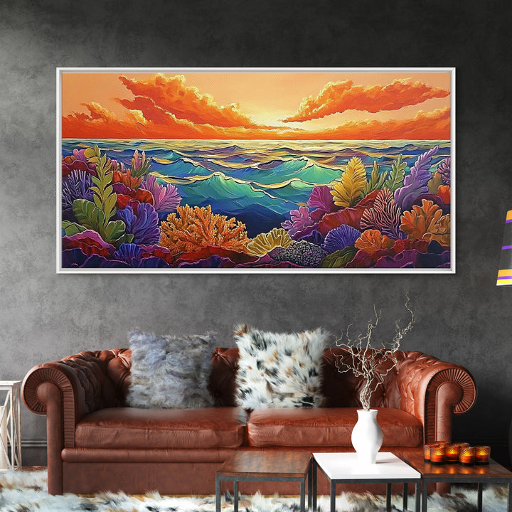 Coral Ocean, Sunset, Framed Canvas Print, Underwater coral reef at sunset painting, Ocean lover gift idea, Coastal Spa Wall Art