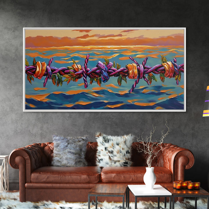 Barbed Sunset, Ocean, Framed Canvas Print, Symbolic Ocean Barbed Wire Art, Modern Sunset Expressionist Decor, Unique Office Wall Art