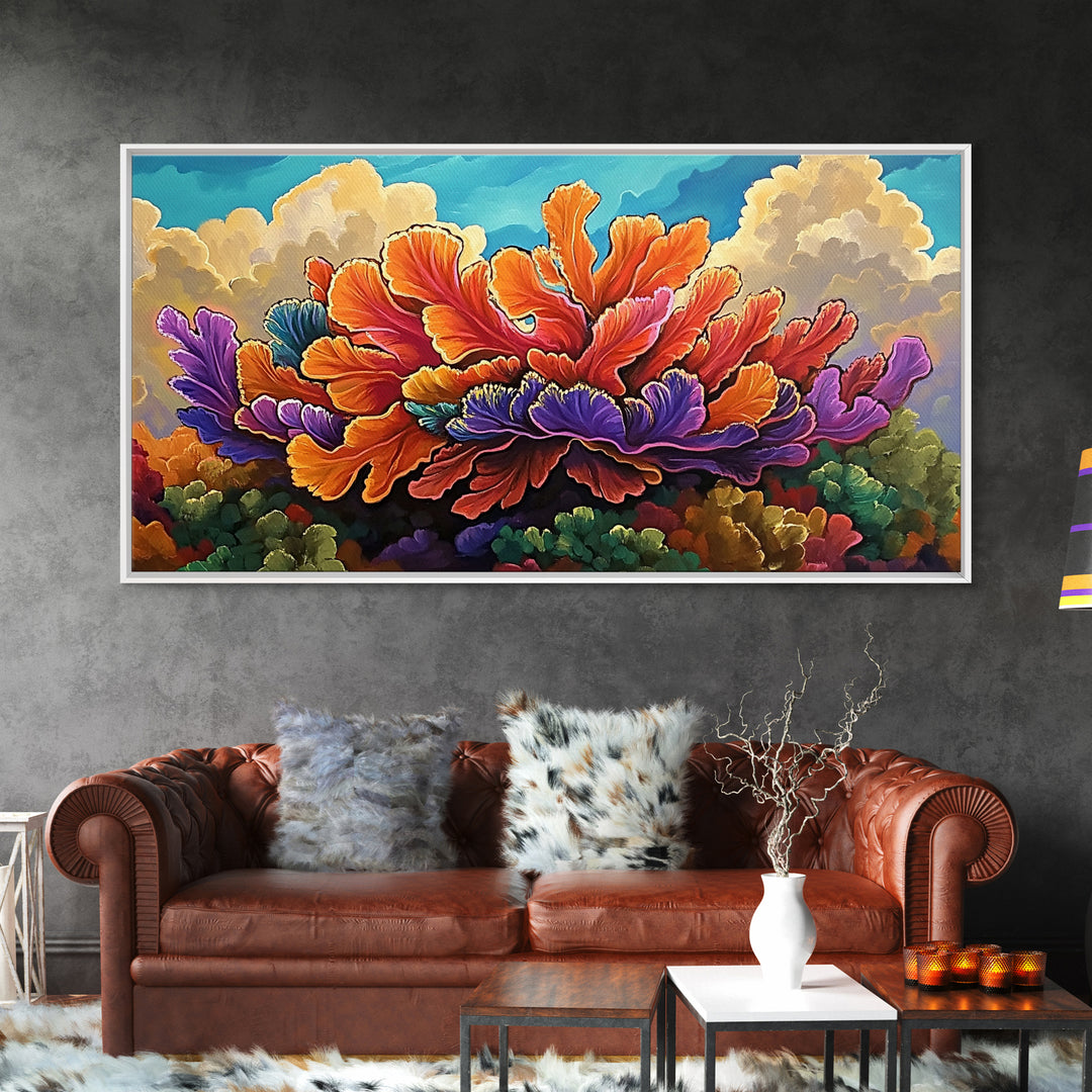 Coral Bloom, Ocean, Framed Canvas Print, Abstract blooming coral reef under dreamy sky painting, Modern Coastal Decor, Bedroom Wall Art