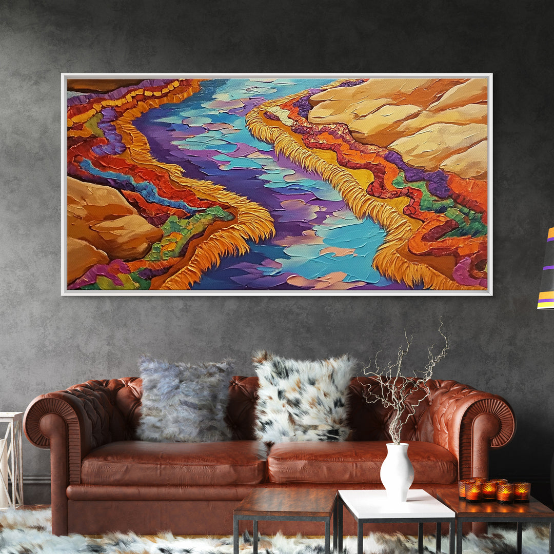 River Abstract, Color, Framed Canvas Print, Textured abstract river canyon painting, Desert Vibe Landscape Art, Hallway Wall Art