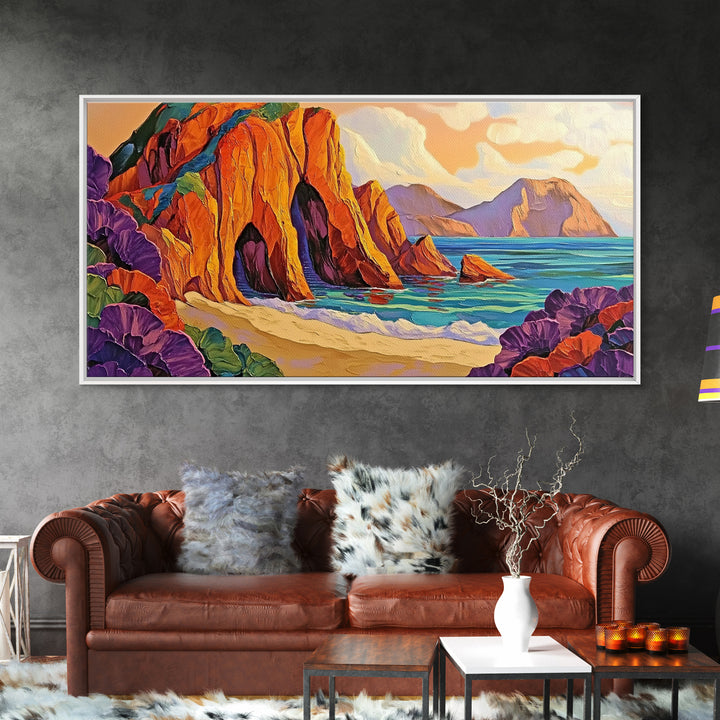 Cliffs Beach, Ocean, Framed Canvas Print, Bold textured coastal cliffs and ocean view painting, Vibrant Summer Decor, Kitchen Wall Art