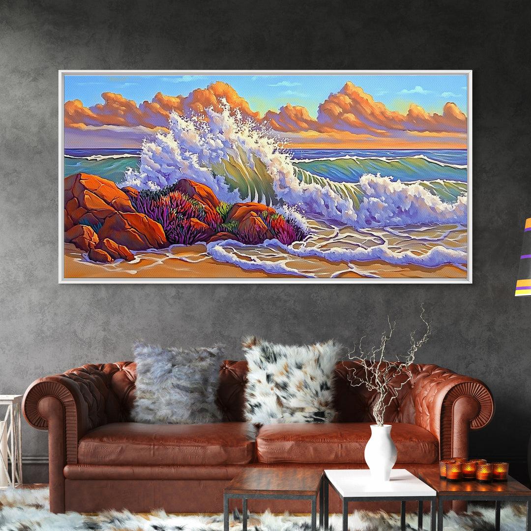 Rocks Waves, Sky, Framed Canvas Print, Majestic ocean wave crashing on rocks under golden clouds, Tropical Seascape, Coastal Living Room