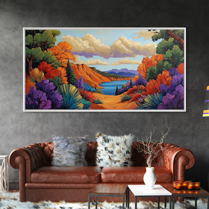 Autumn Lake, Path, Framed Canvas Print, Vibrant Fall forest trail leading to lake painting, Cozy Cabin Decor, Autumn Entryway Art