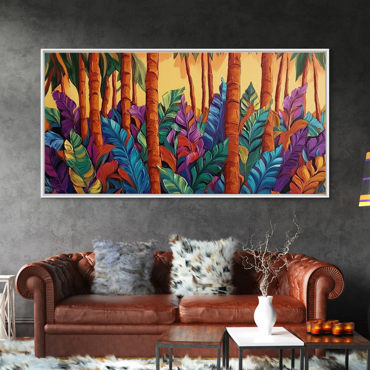 Jungle Leaves, Palms, Tropical, Framed Canvas Print, vibrant rainforest botanical wall art, boho plant decor, entryway art