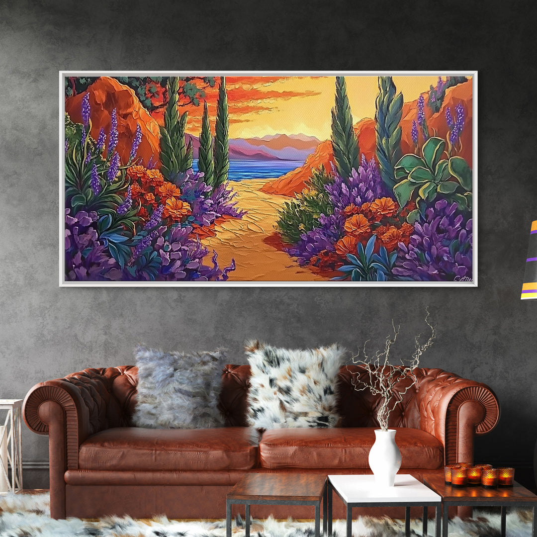 Pathway Sunset, Garden, Ocean, Canvas Print, vivid coastal floral scene, entryway decor, sunset wall art, summer vibes painting