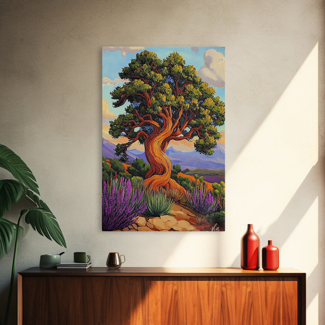 Tree Landscape, Nature, Autumn, Framed Canvas Print twisted pine tree painting, desert sunset landscape, nature wall decor, rustic boho art